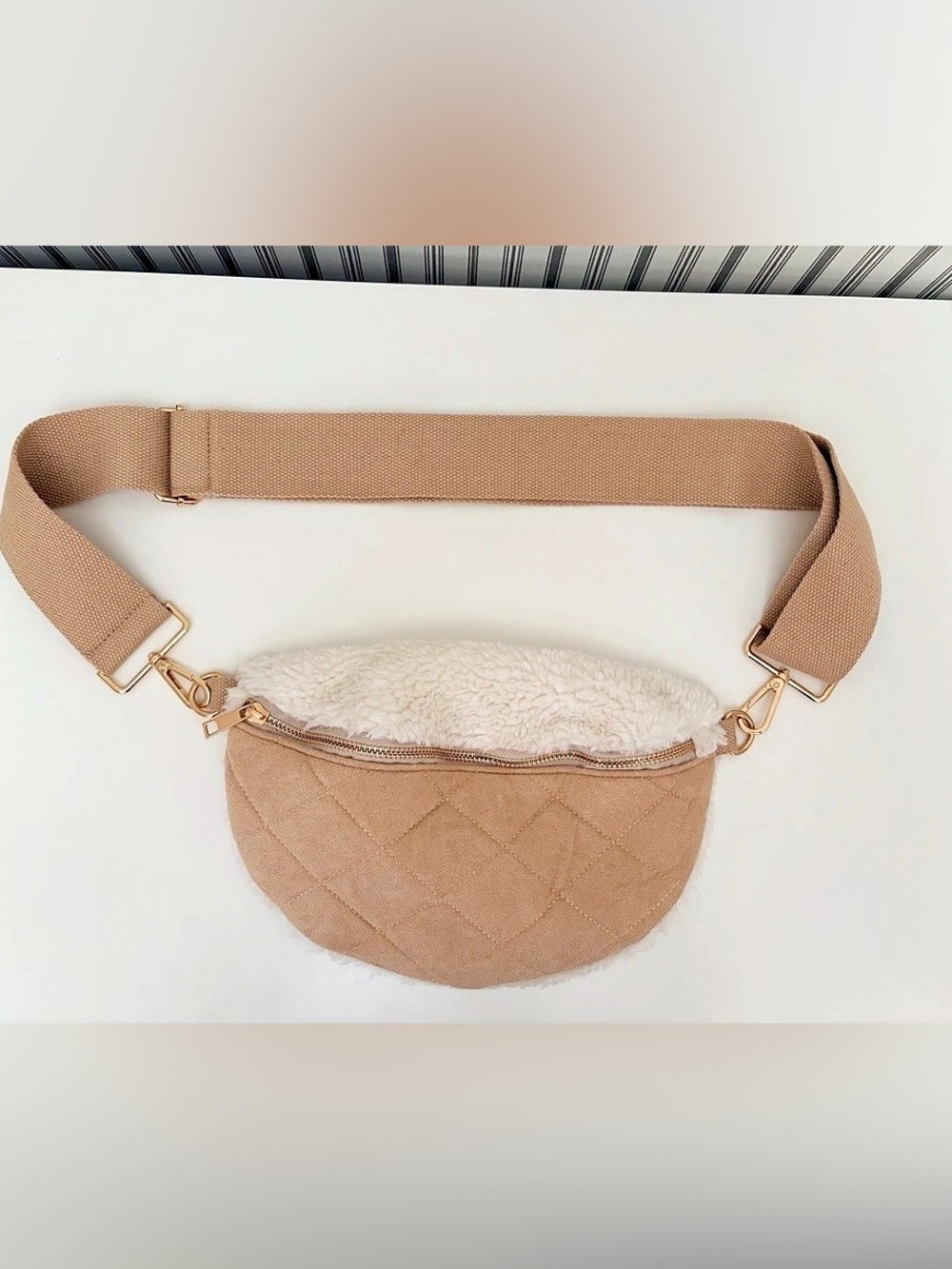 Quilted Sherpa Shoulder Bag in Brown & White